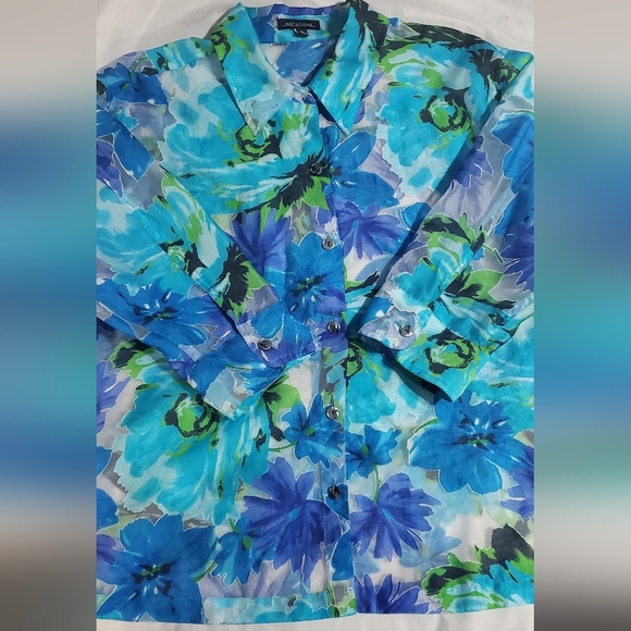 Notations Blue and Green Sheer Floral Shirt 3/4 Sleeves.Sz XL - Picture 4 of 4